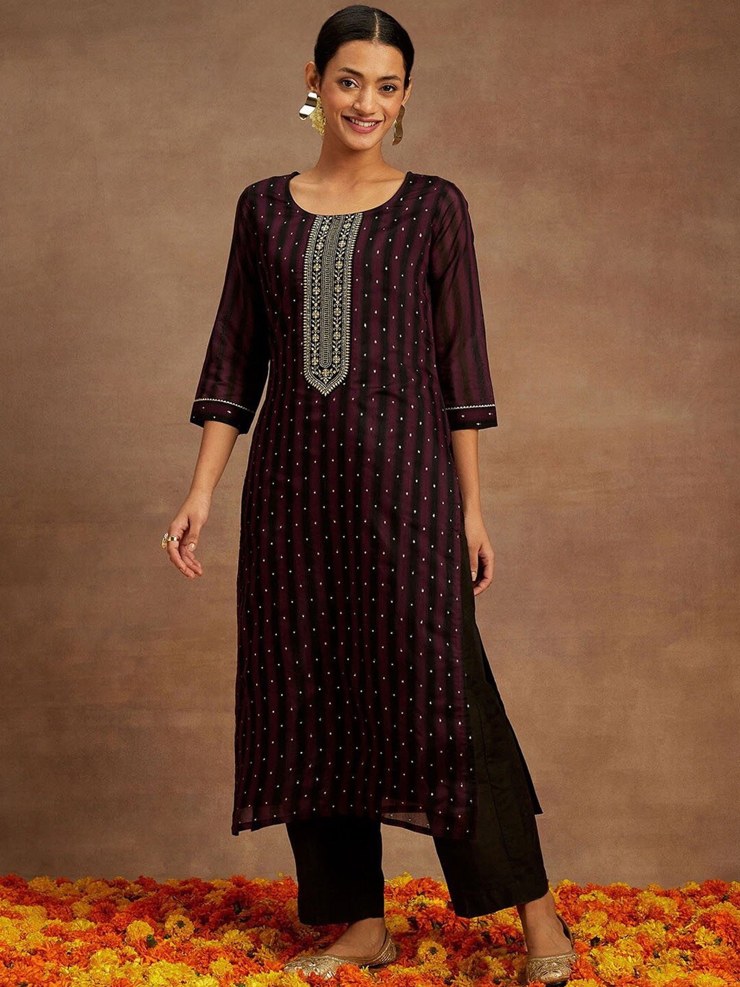 

Libas Quirky Embroidered Thread Work Chanderi Silk Kurta, Purple