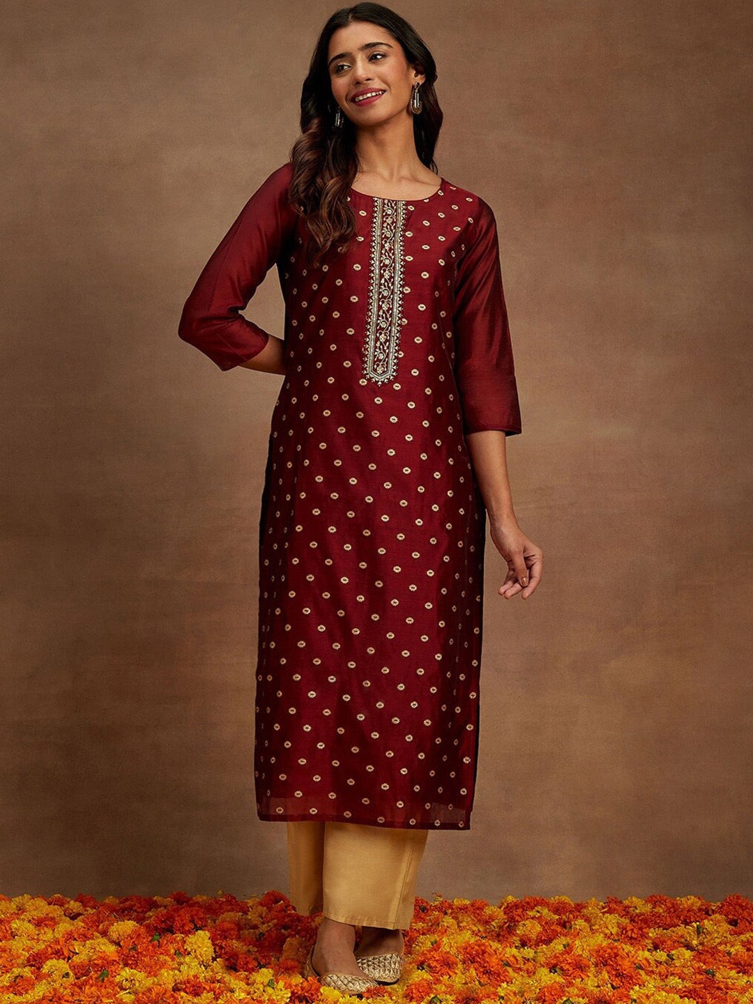 

Libas Ethnic Motifs Embroidered Chanderi Silk Kurta, Maroon