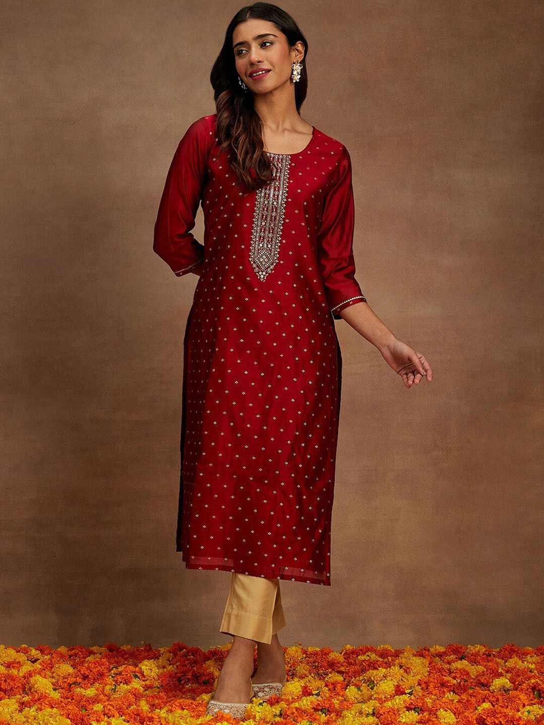 

Libas Ethnic Motifs Embroidered Chanderi Silk Straight Kurta, Maroon
