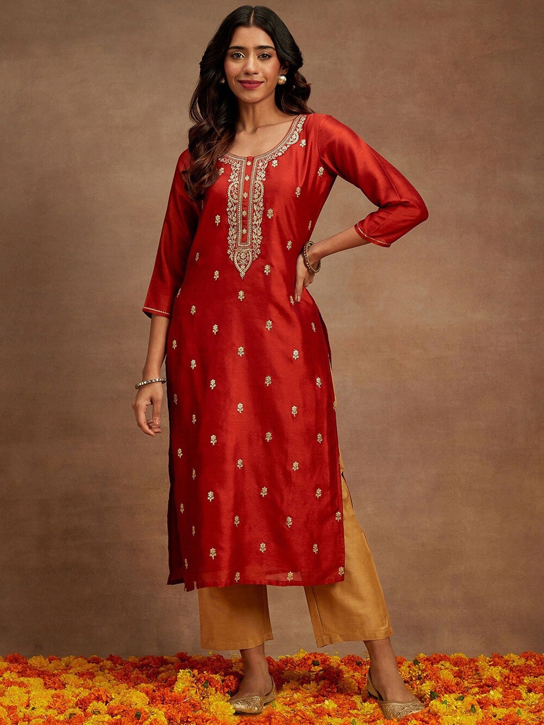

Libas Floral Silk Embroidered Kurta, Rust