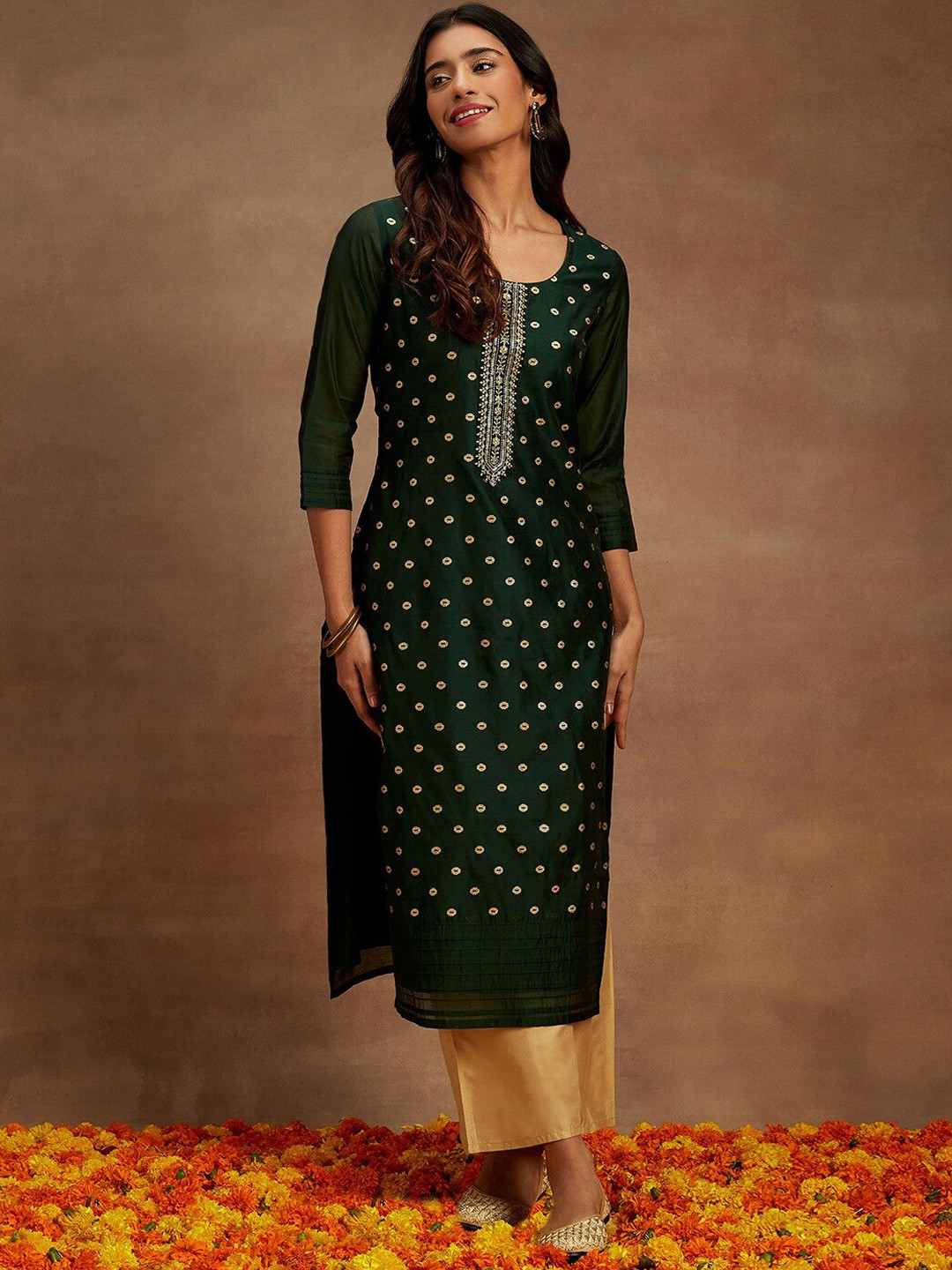 

Libas Ethnic Motifs Embroidered Chanderi Silk Straight Kurta, Green