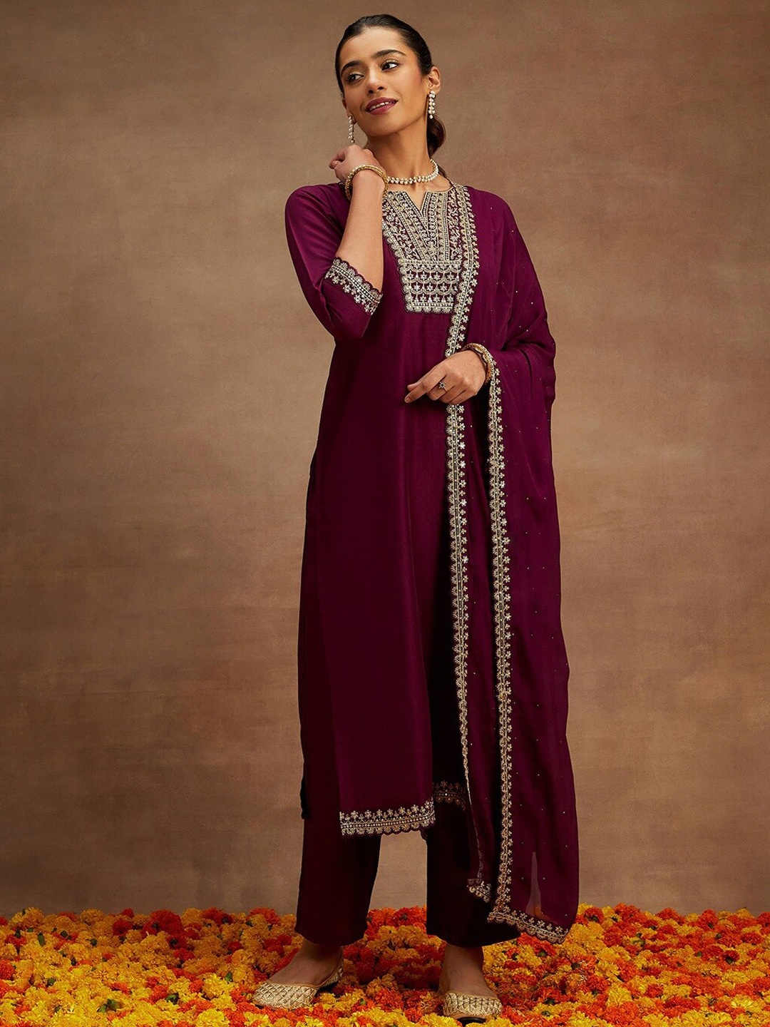 

Libas Yoke Design Sequinned Regular Kurta with Trousers & With Dupatta, Purple