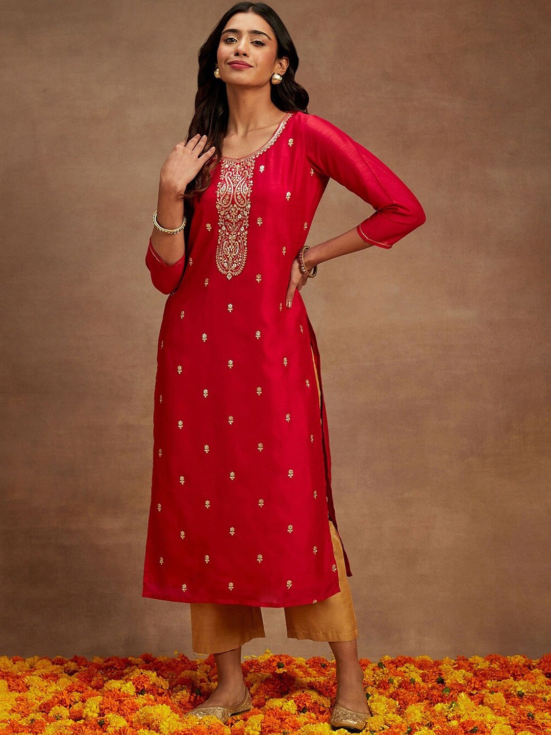 

Libas Ethnic Motifs Embroidered Silk Straight Kurta, Pink