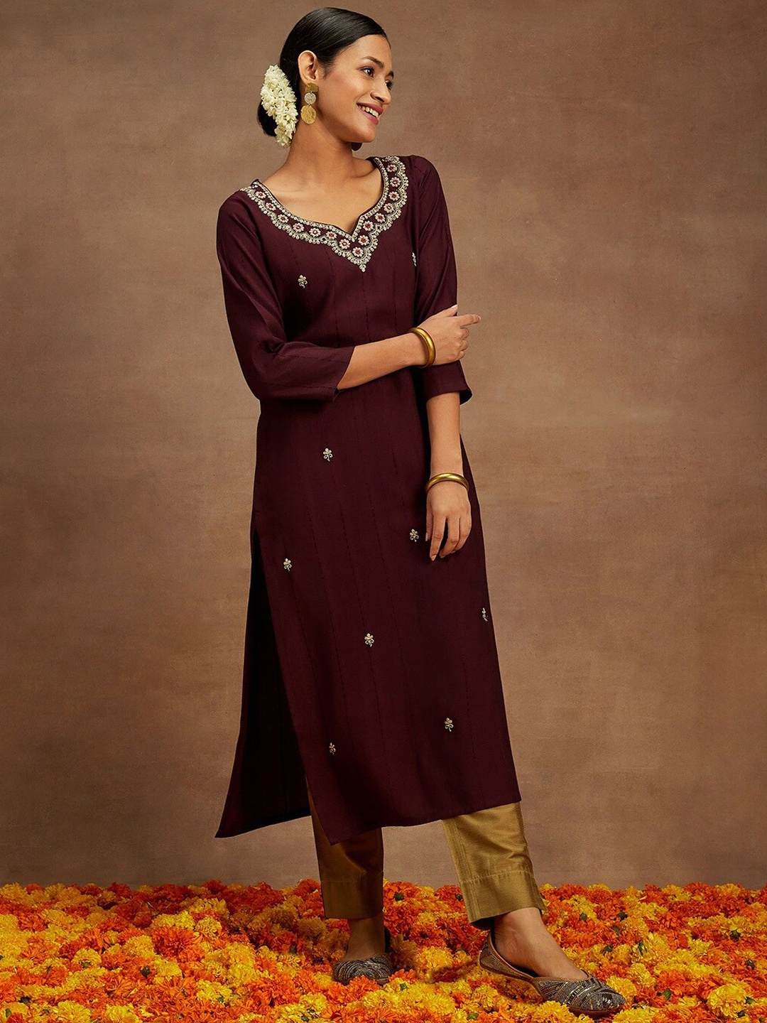 

Libas Floral Embroidered Kurta, Burgundy