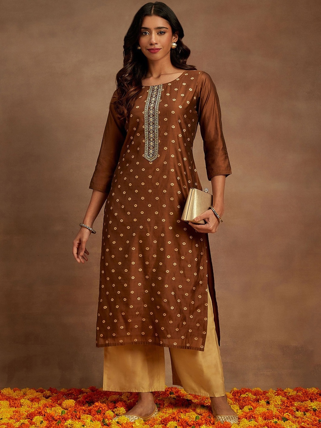 

Libas Ethnic Motifs Embroidered Chanderi Silk Straight Kurta, Brown