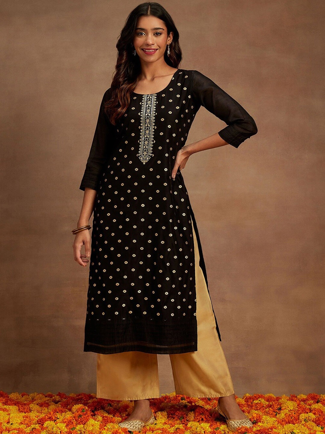

Libas Ethnic Motifs Embroidered Chanderi Silk Straight Kurta, Black