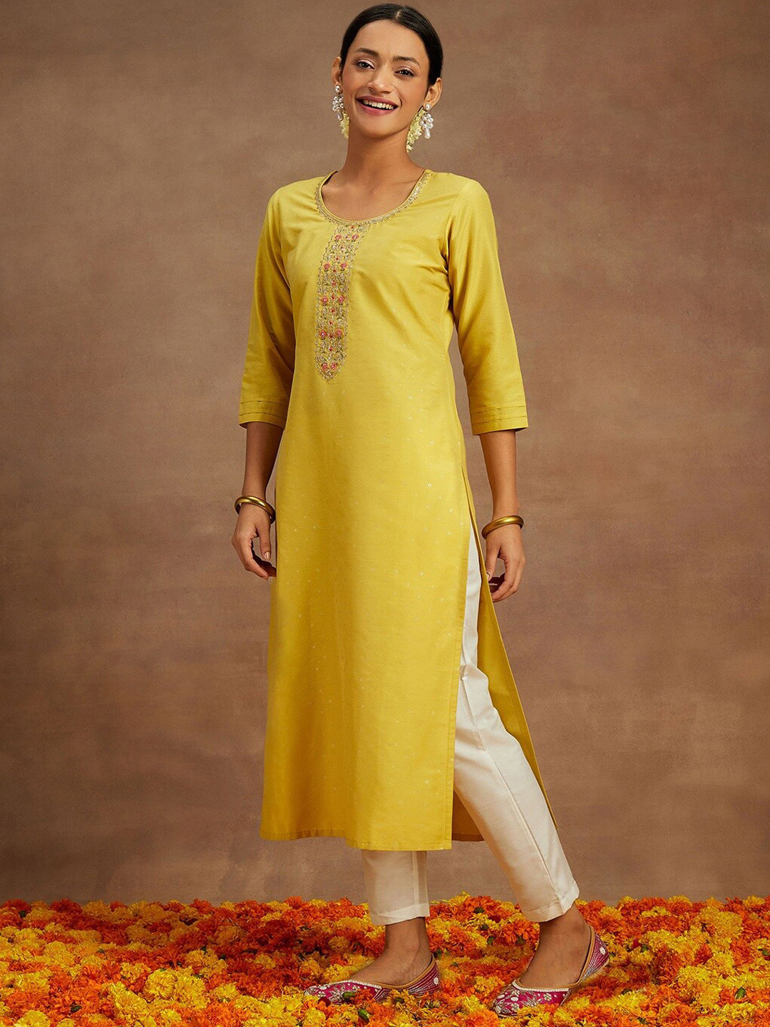 

Libas Yoke Design Scoop Neck Straight Kurta, Yellow