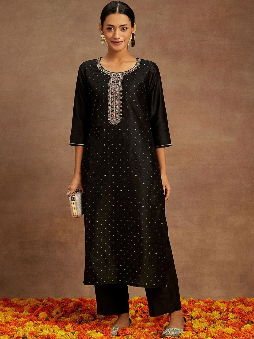 Libas Ethnic Motifs Embroidered Straight Kurta, Black