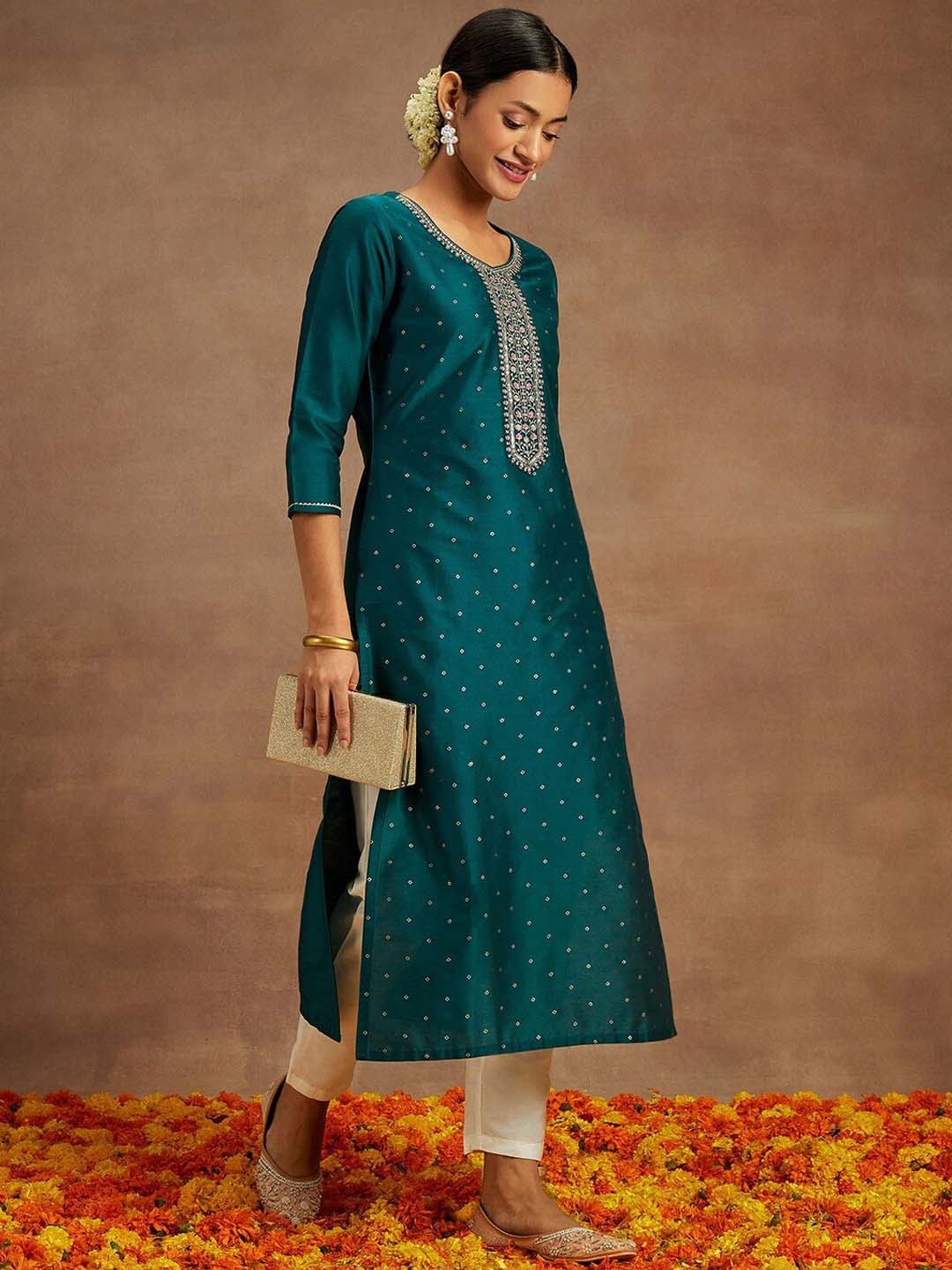 

Libas Floral Embroidered Straight Kurta, Teal