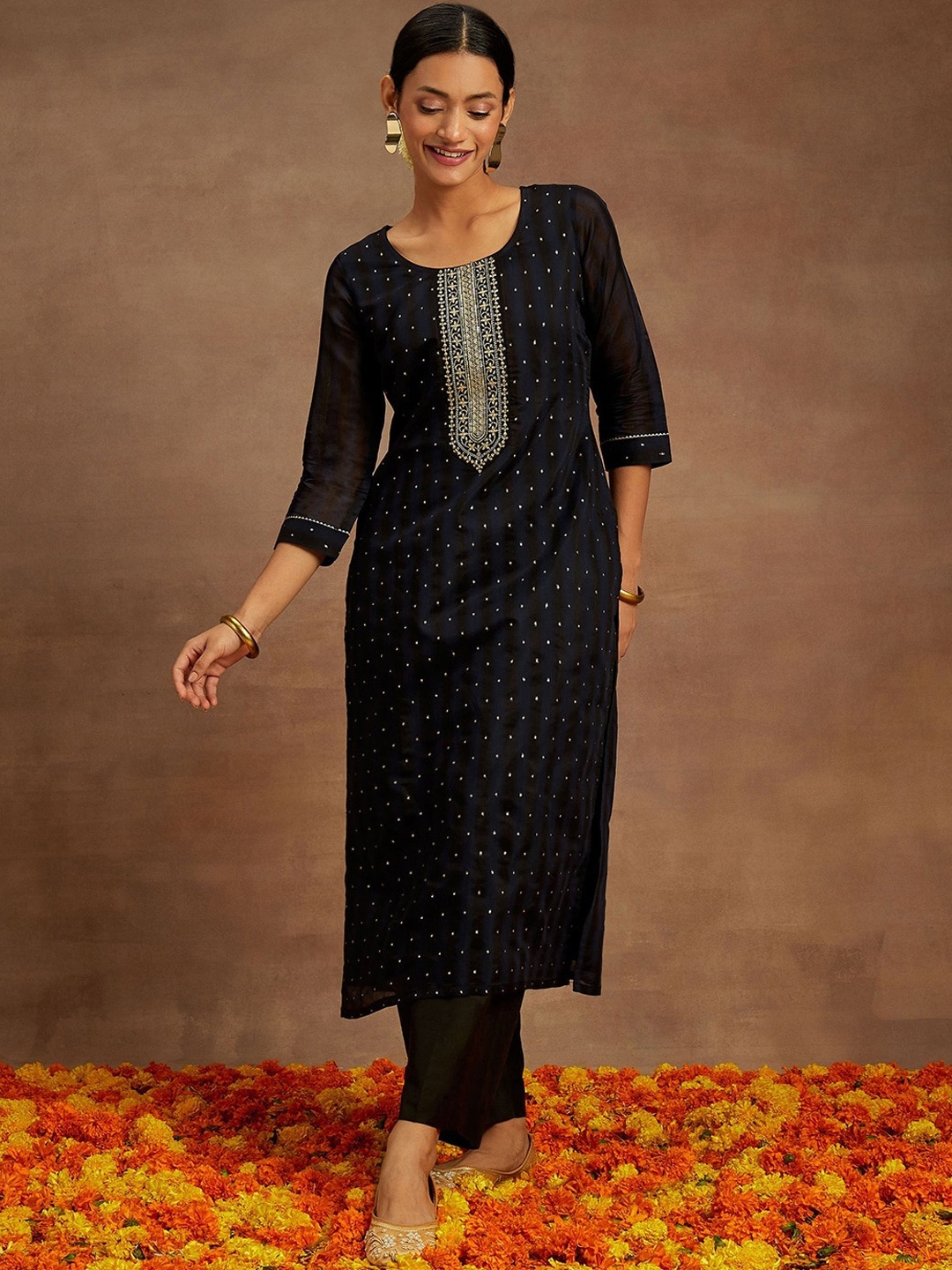 Libas Woven Design Zari Chanderi Silk Kurta, Navy blue