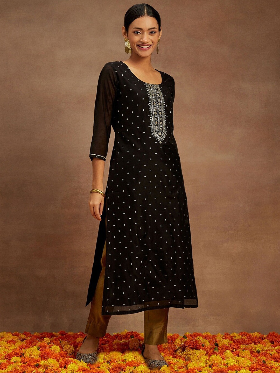 Libas Floral Sequinned Embroidered Chanderi Silk Straight Kurta, Black