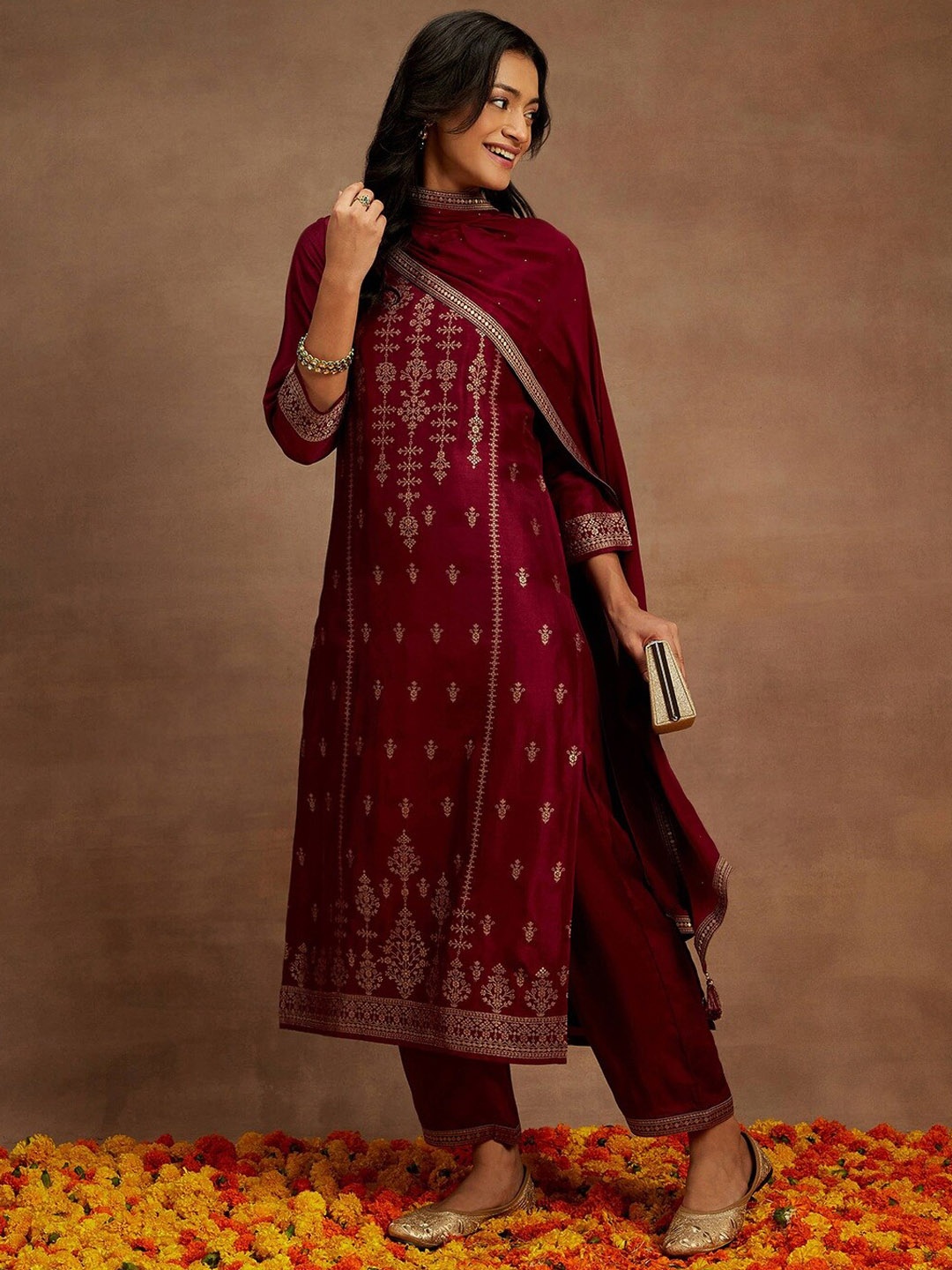 

Libas Burgundy Floral Woven Design Straight Kurta with Trousers & Dupatta