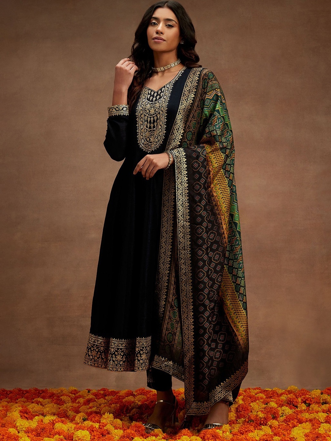 

Libas Charcoal-Color Floral Yoke Design Thread Work Kurta with Trousers & Dupatta