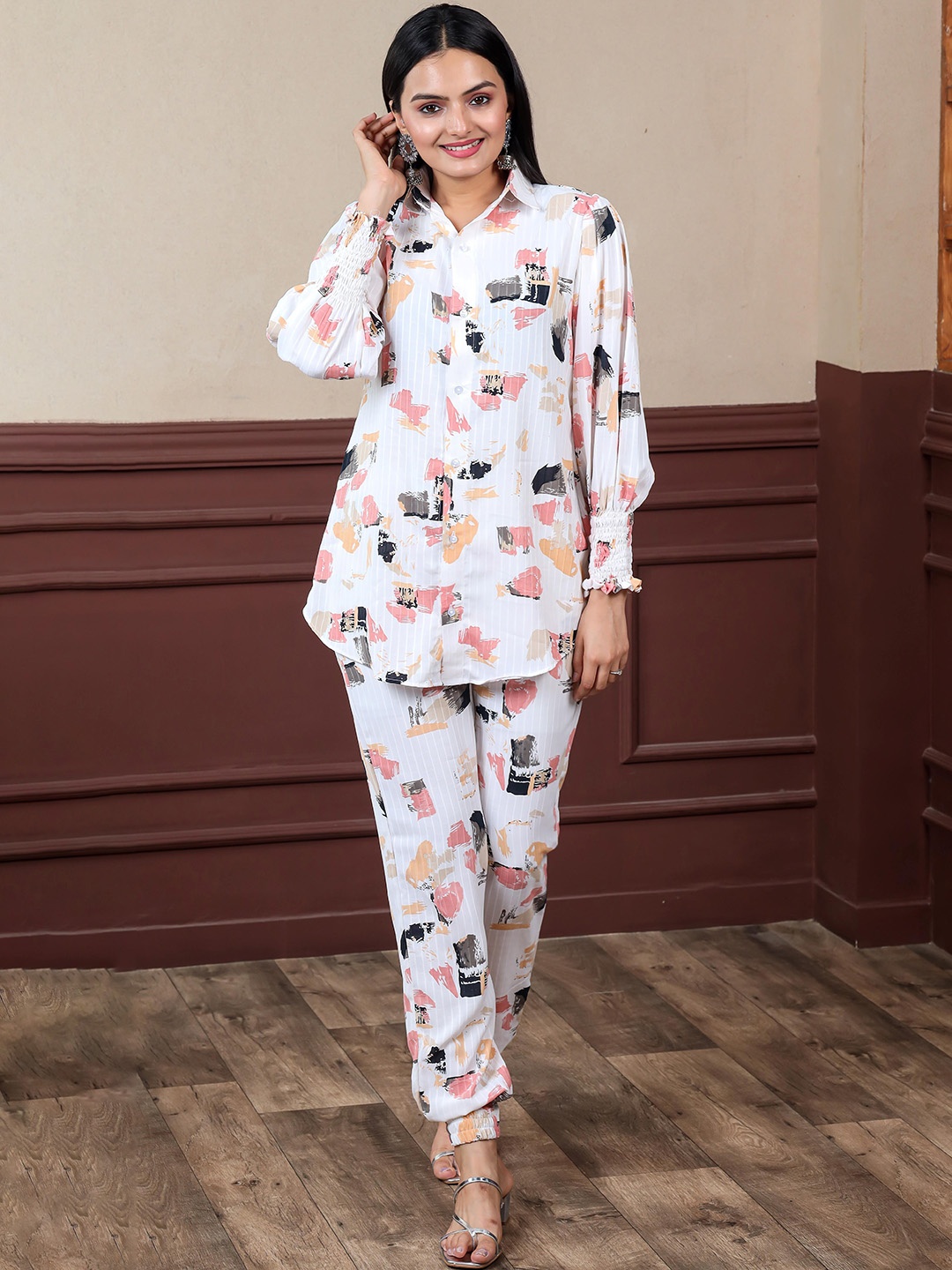 

Vidraa Western Store Abstract Printed Shirt With Trousers, White