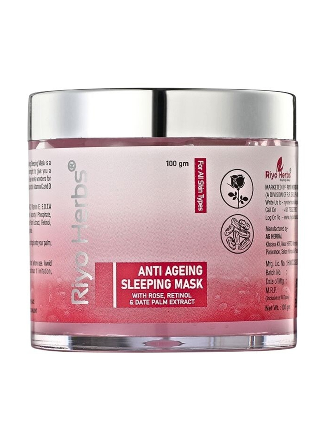 

Riyo Herbs Anti Ageing Sleeping Mask with Rose & Retinol - 100 g, Pink