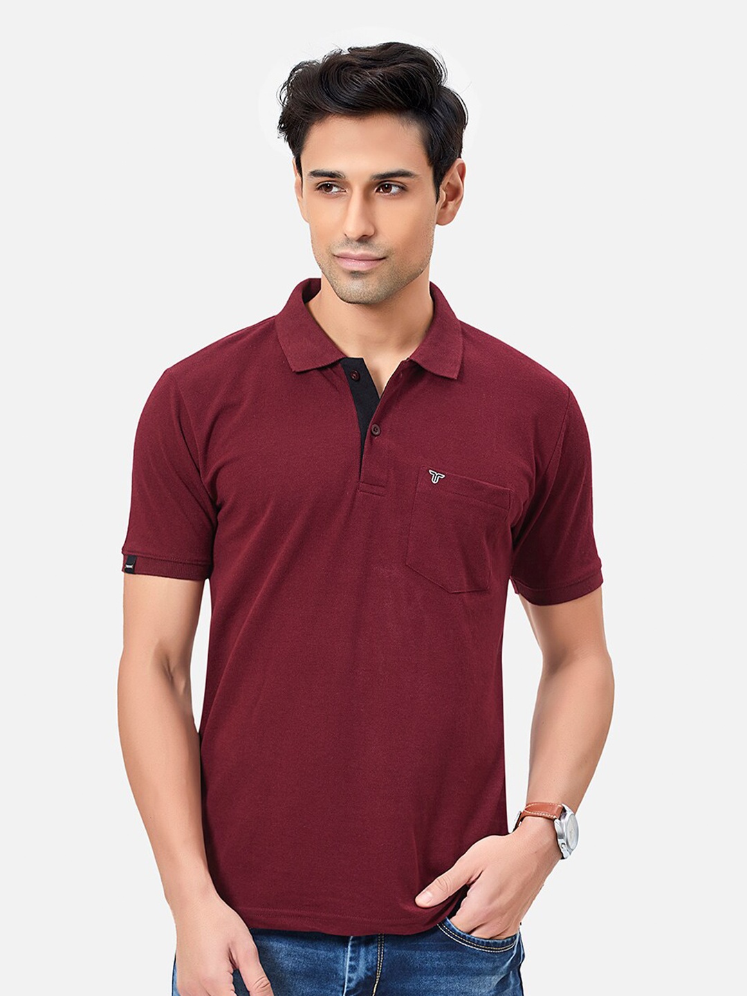 

TESSIO Polo Collar Short Sleeves Cotton T-shirt, Maroon