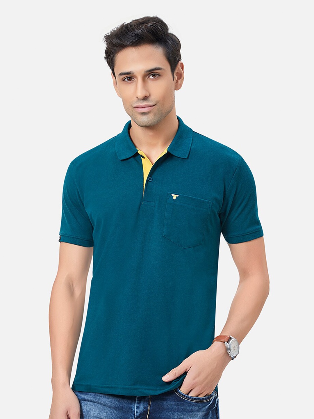 

TESSIO Polo Collar Cotton Regular T-shirt, Teal