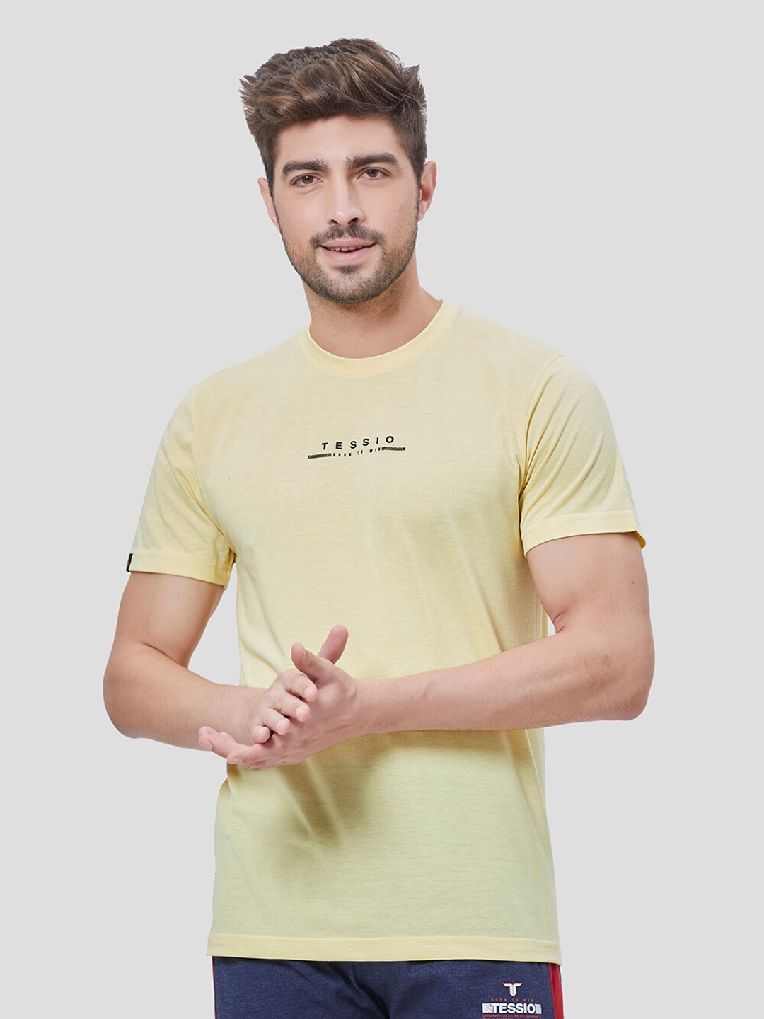 

TESSIO Typography Printed Round Neck Cotton Regular T-shirt, Yellow