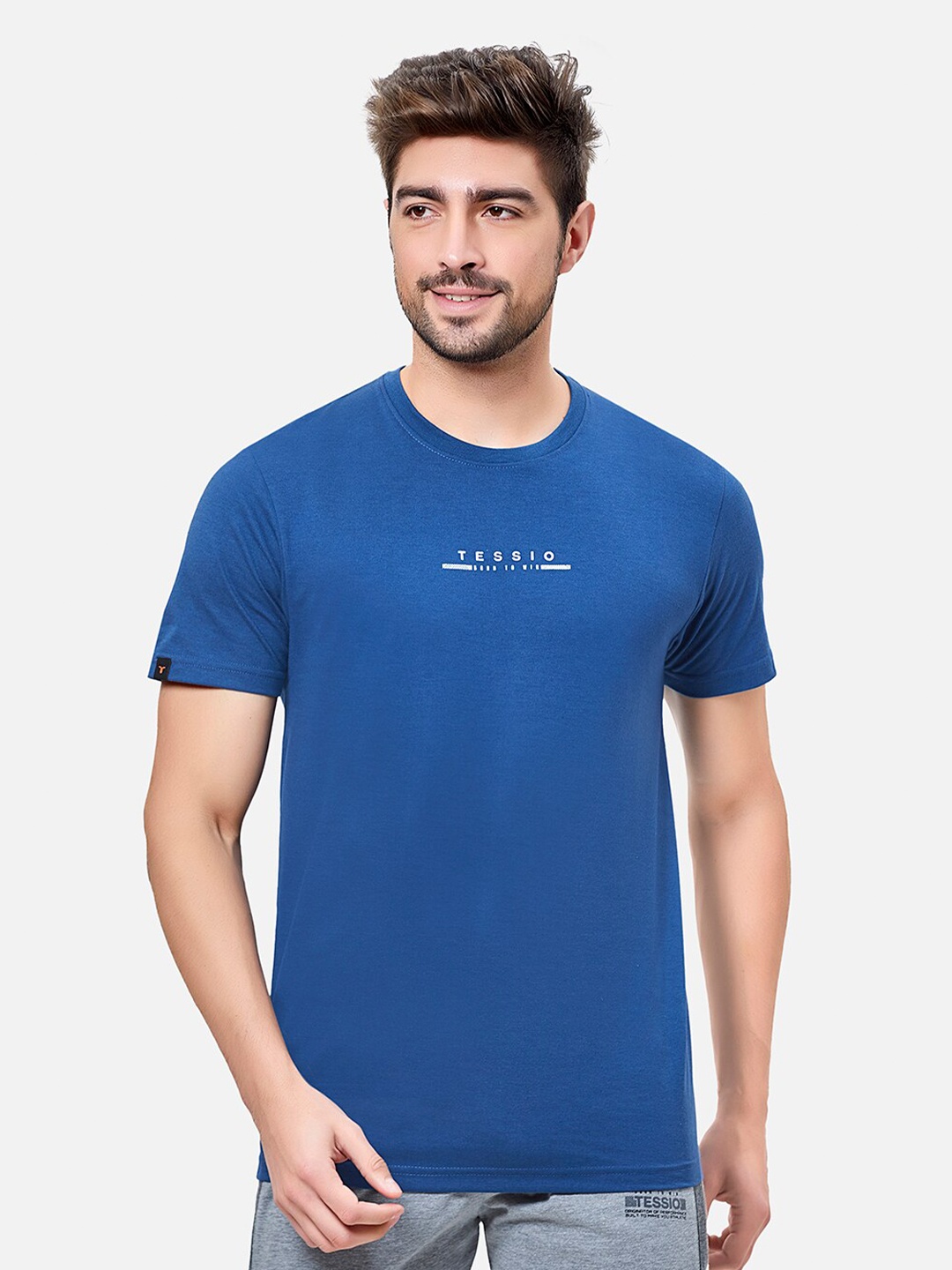 

TESSIO Typography Printed Round Neck Cotton Regular T-shirt, Navy blue