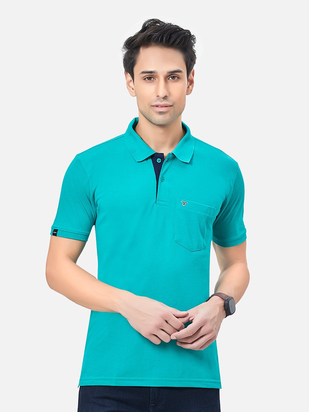 

TESSIO Polo Collar Cotton Regular T-shirt, Green