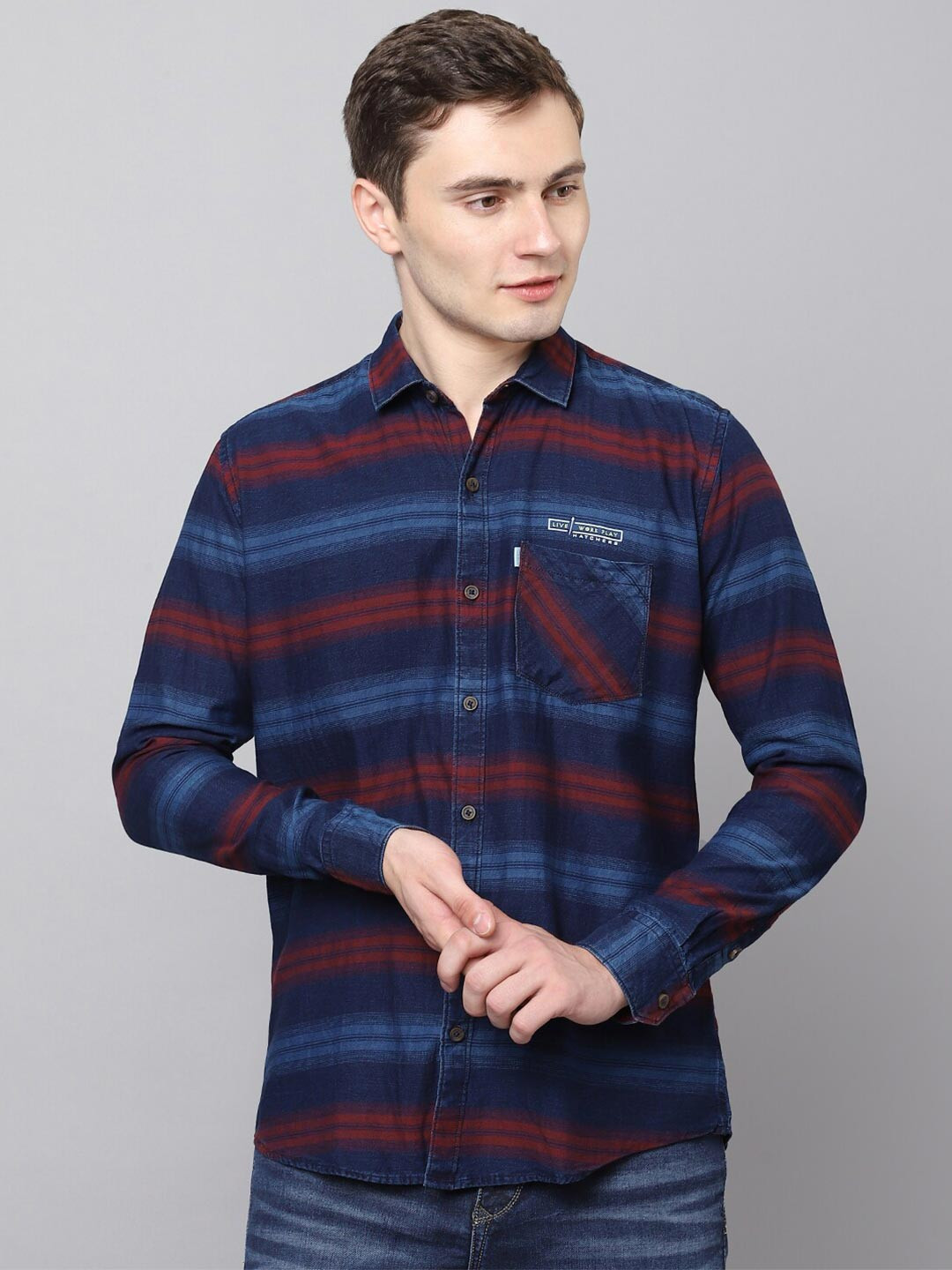 

Hatcher's Horizontal Stripes Slim Fit Denim Organic Cotton Casual Shirt, Navy blue