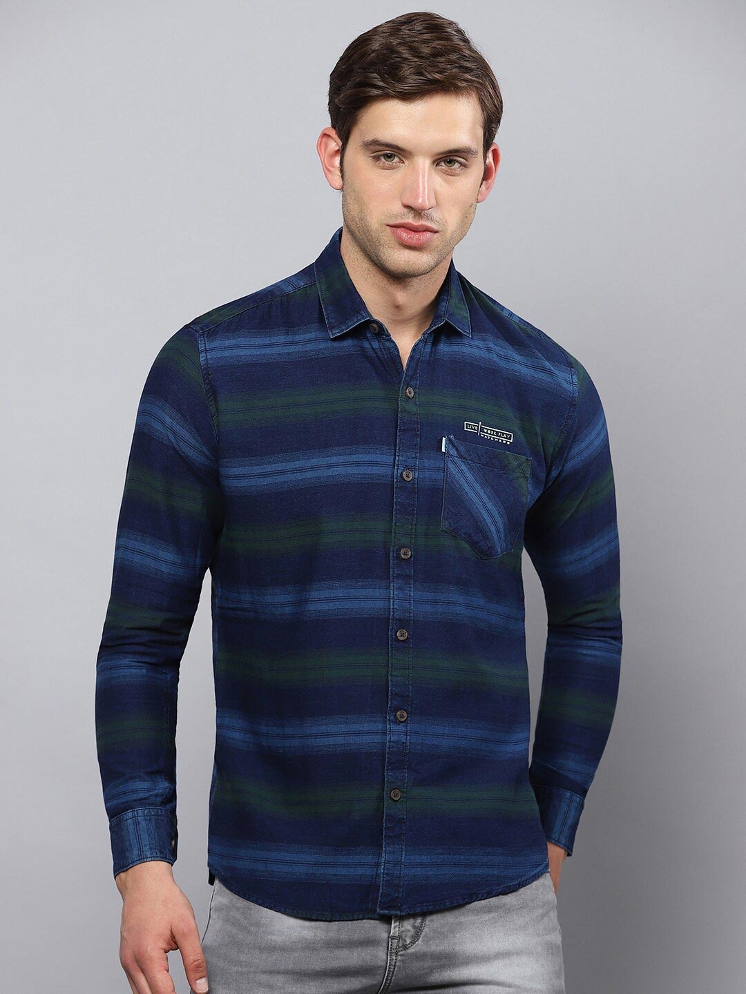

Hatcher's Horizontal Stripes Slim Fit Organic Cotton Casual Shirt, Green