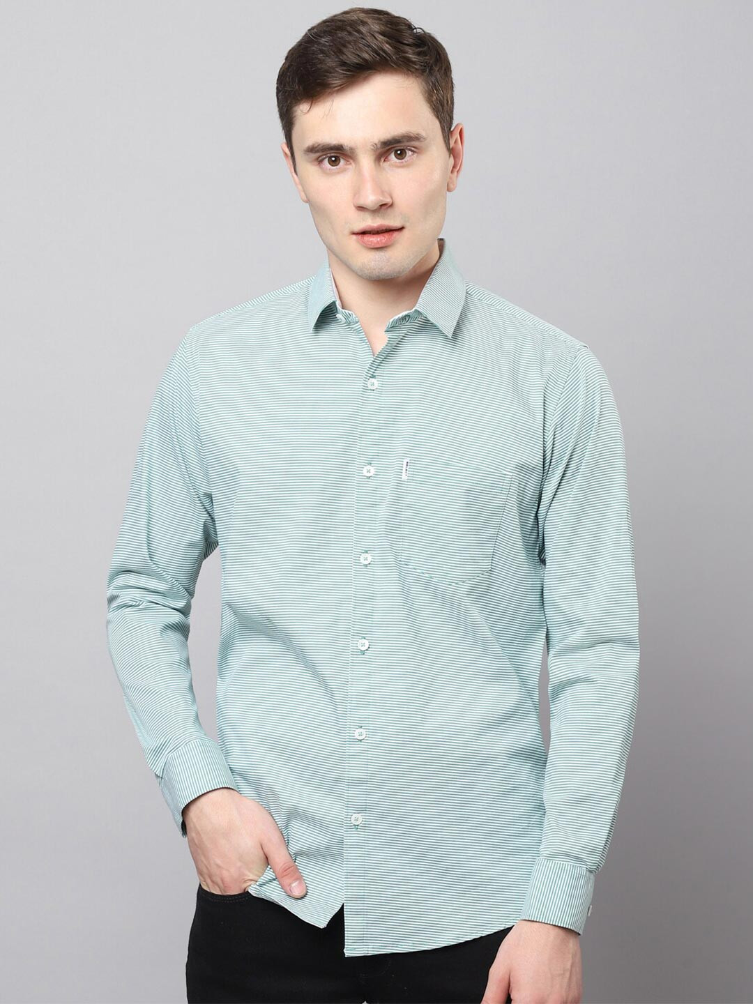 

Hatcher's Horizontal Stripes Slim Fit Organic Cotton Casual Shirt, Green