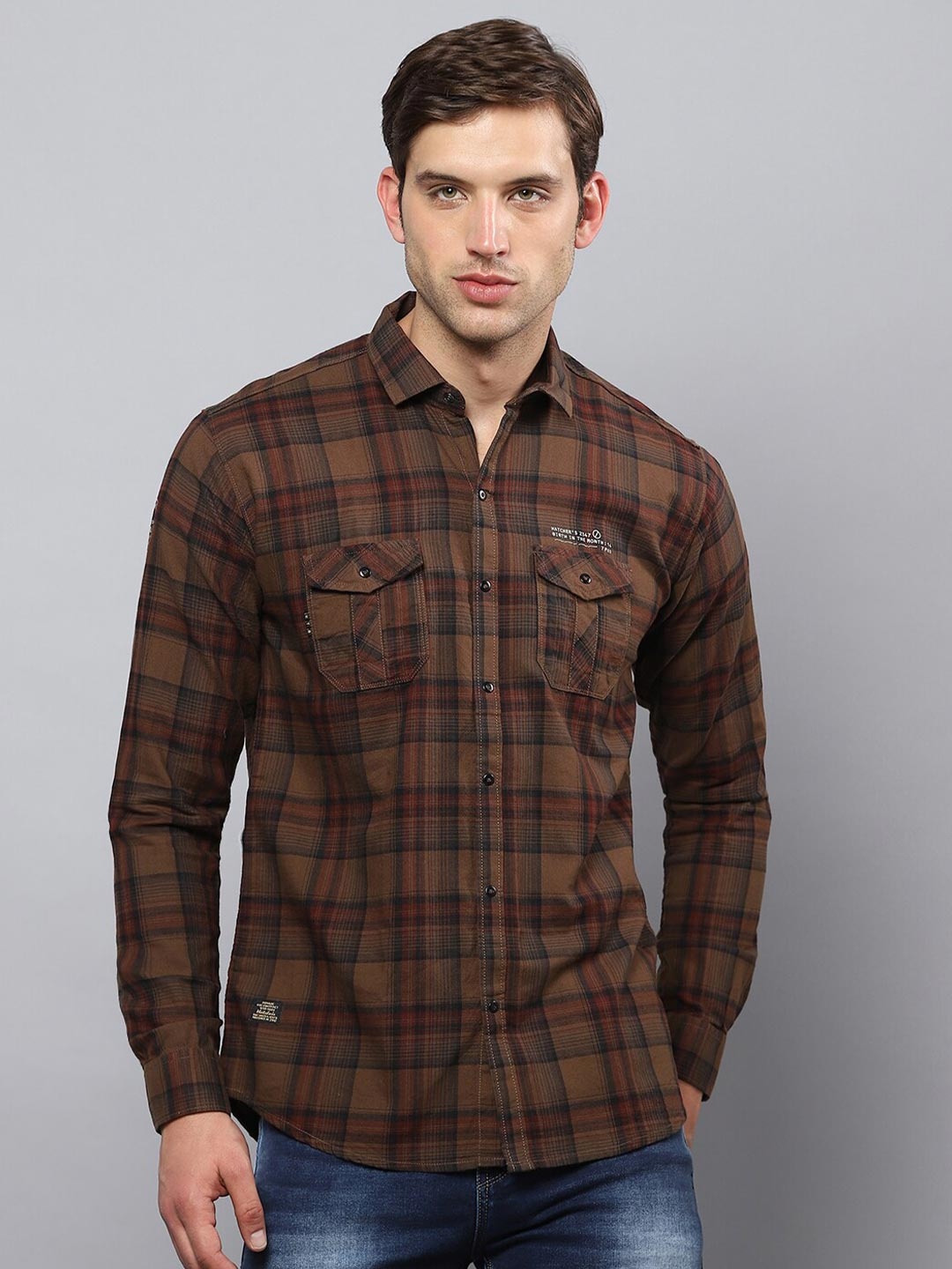 

Hatcher's Tartan Checks Slim Fit Organic Cotton Casual Shirt, Brown