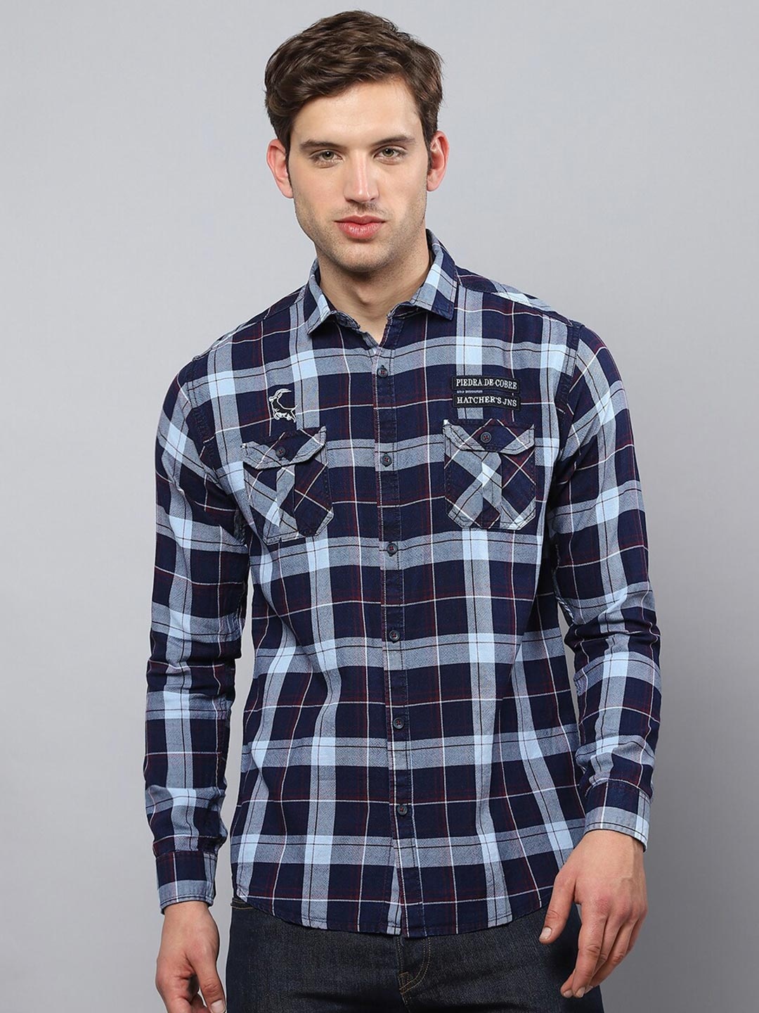 

Hatcher's Tartan Checks Slim Fit Organic Cotton Casual Shirt, Navy blue