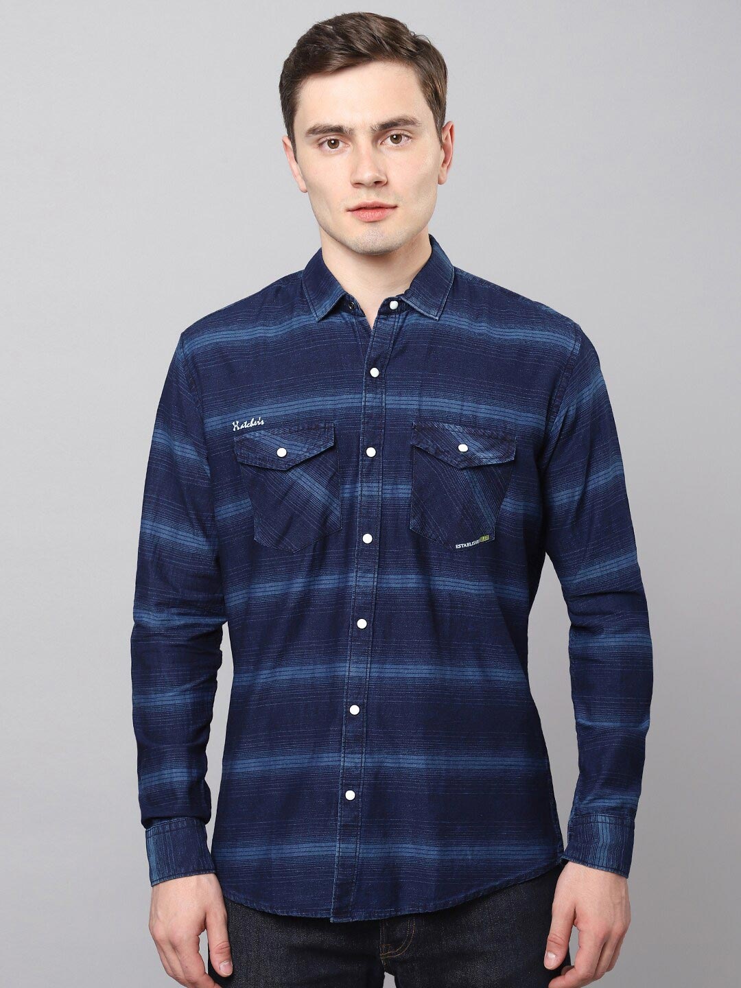 

Hatcher's Striped Slim Fit Denim Organic Cotton Casual Shirt, Blue