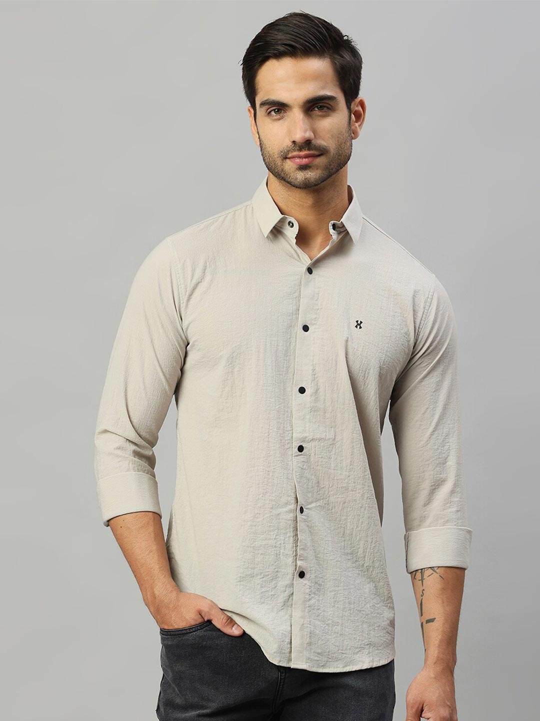 

Hatcher's Slim Fit Spread Collar Long Sleeve Casual Shirt, Beige