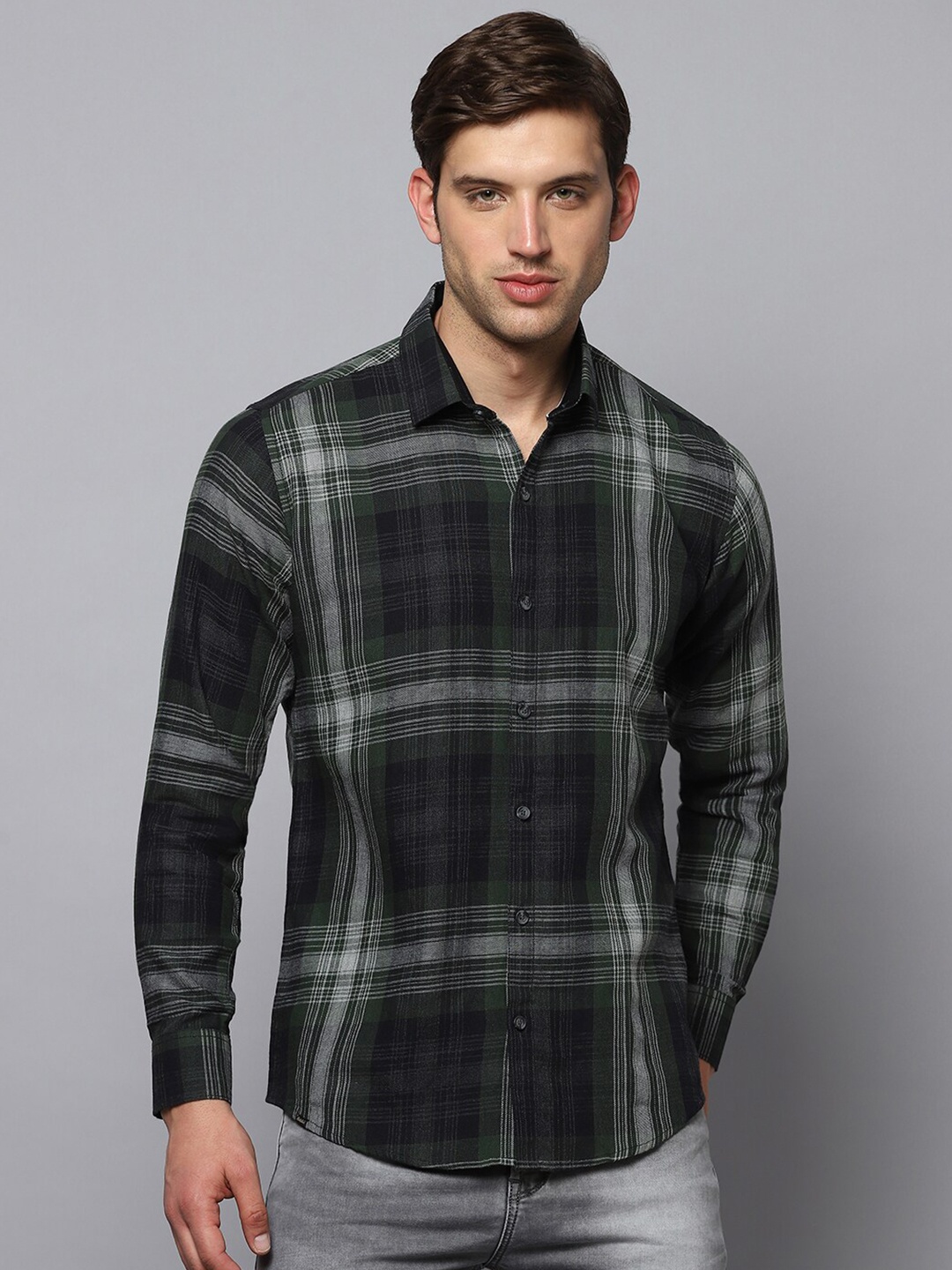 

Hatcher's Slim Fit Tartan Checks Spread Collar Long Sleeve Organic Cotton Casual Shirt, Green