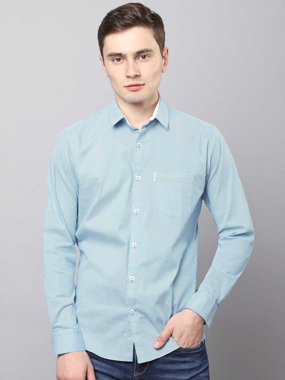 

Hatcher's Slim Fit Horizontal Striped Casual Organic Cotton Shirt, Blue