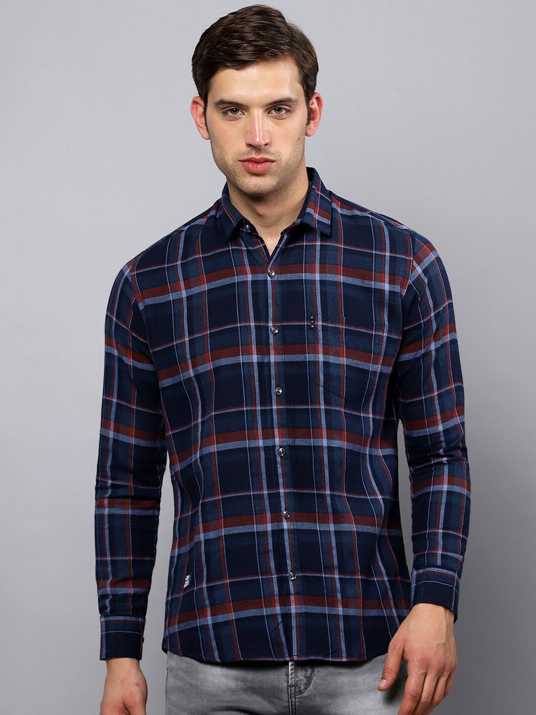 

Hatcher's Slim Fit Tartan Checked Casual Denim Shirt, Navy blue
