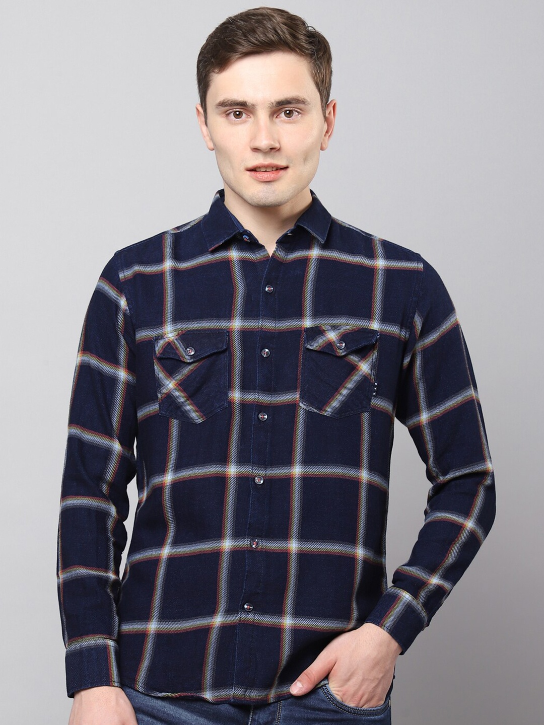 

Hatcher's Slim Fit Windowpane Checked Casual Denim Shirt, Navy blue