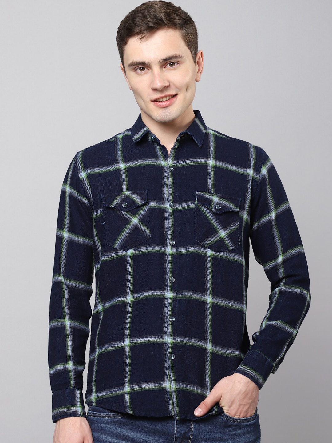 

Hatcher's Slim Fit Windowpane Checked Casual Denim Shirt, Navy blue