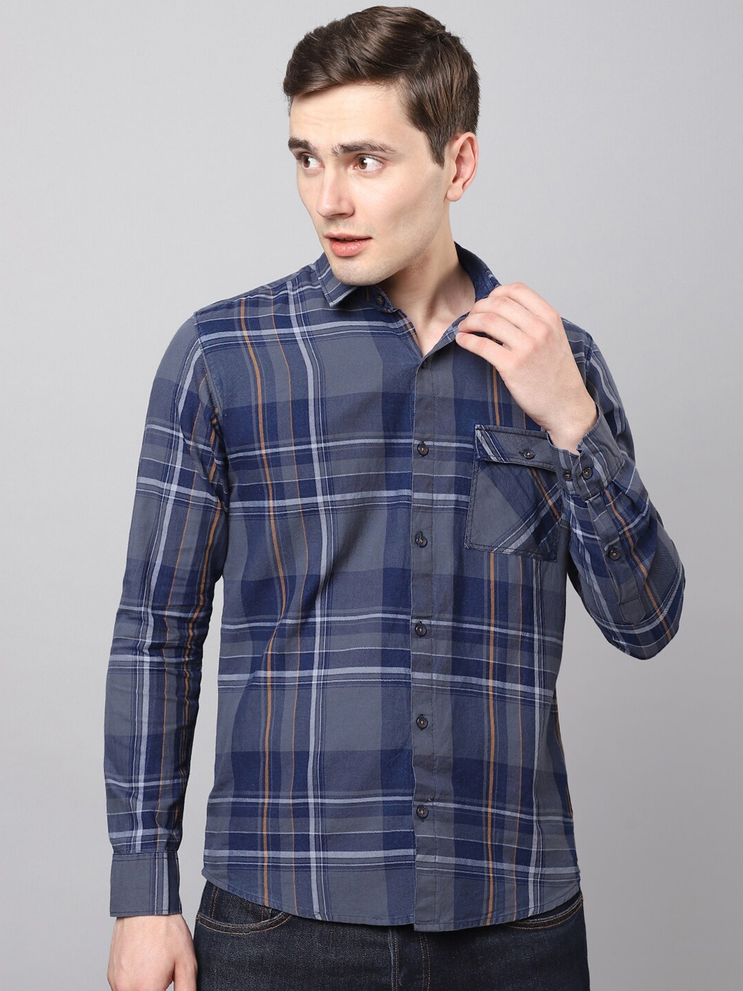 

Hatcher's Slim Fit Tartan Checked Casual Denim Shirt, Grey