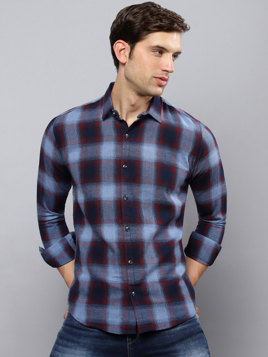 

Hatcher's Slim Fit Tartan Checked Casual Organic Cotton Shirt, Navy blue