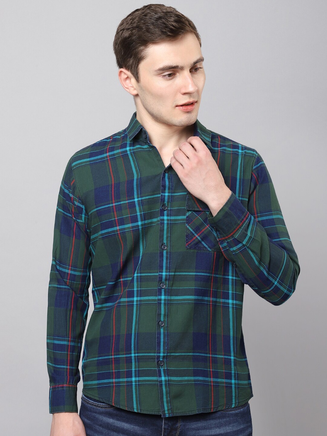 

Hatcher's Slim Fit Tartan Checked Casual Denim Shirt, Green