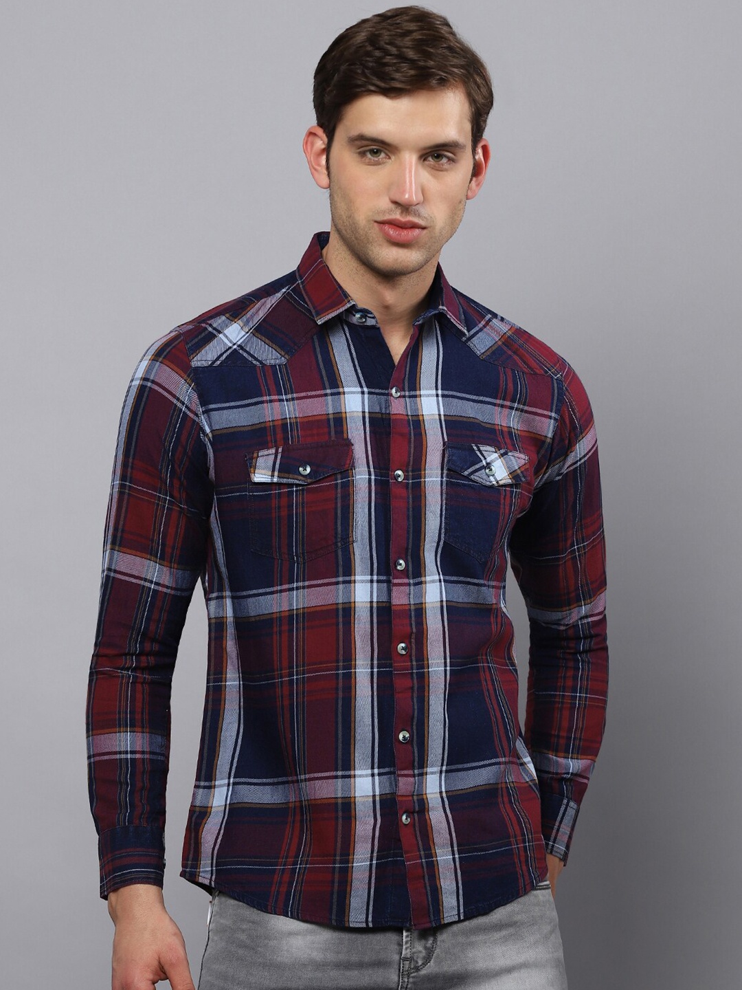 

Hatcher's Slim Fit Tartan Checked Casual Denim Shirt, Red