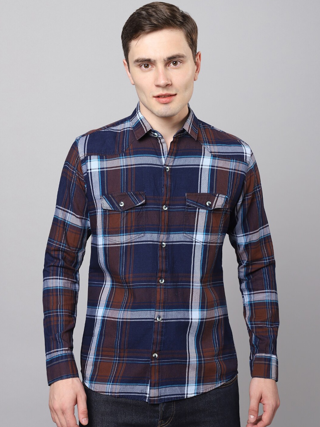 

Hatcher's Slim Fit Tartan Checked Casual Denim Shirt, Brown