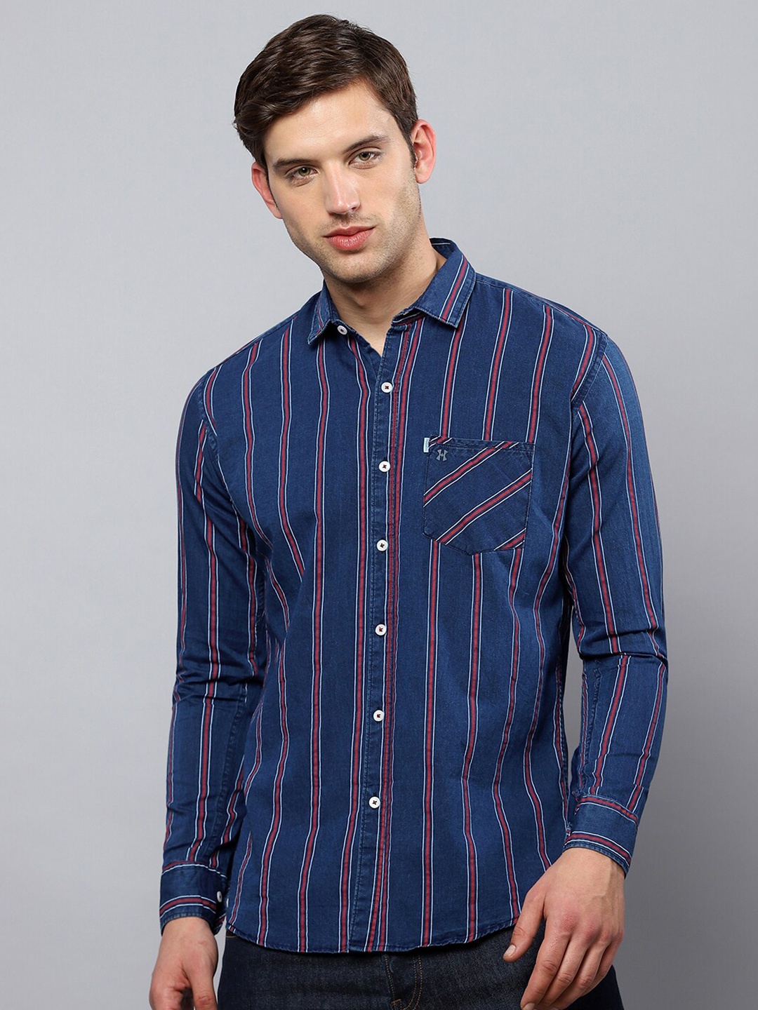 

Hatcher's Spread Collar Slim Fit Striped Casual Denim Shirt, Blue