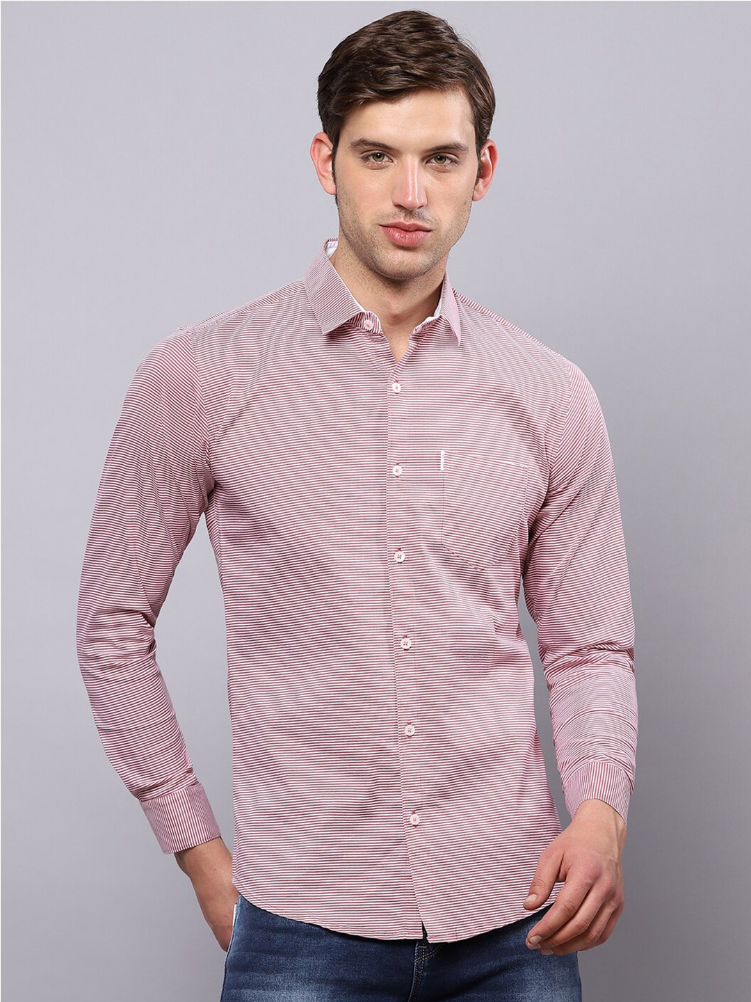 

Hatcher's Spread Collar Slim Fit Striped Casual Cotton Shirt, Red