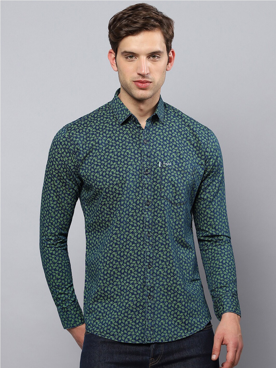 

Hatcher's Spread Collar Slim Fit Floral Printed Casual Cotton Shirt, Blue