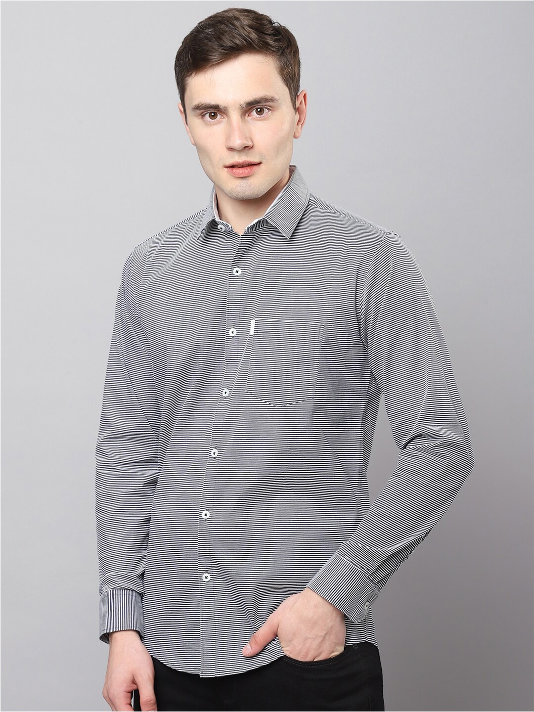 

Hatcher's Slim Fit Horizontal Stripes Oraganic Cotton Casual Shirt, Black