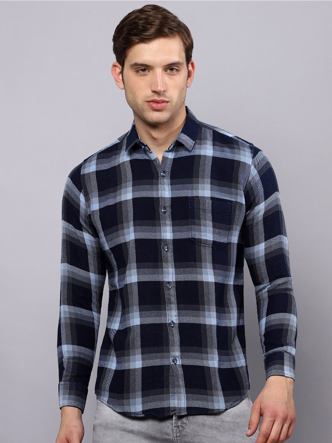 

Hatcher's Slim Fit Tartan Checks Denim Casual Shirt, Blue