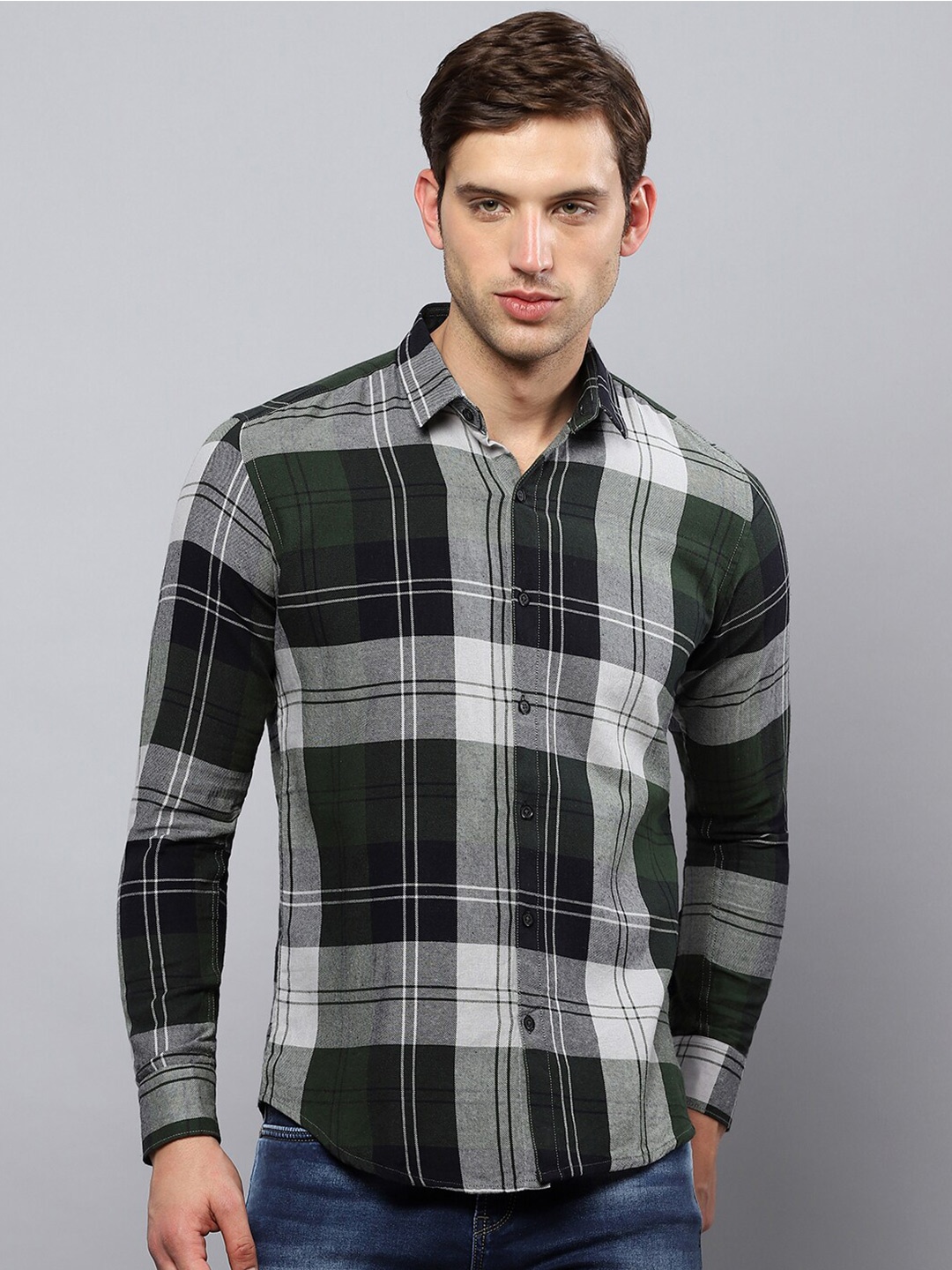

Hatcher's Slim Fit Tartan Checks Organic Cotton Casual Shirt, Green