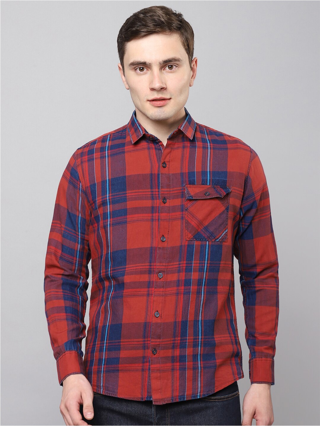 

Hatcher's Slim Fit Tartan Checks Denim Casual Shirt, Rust