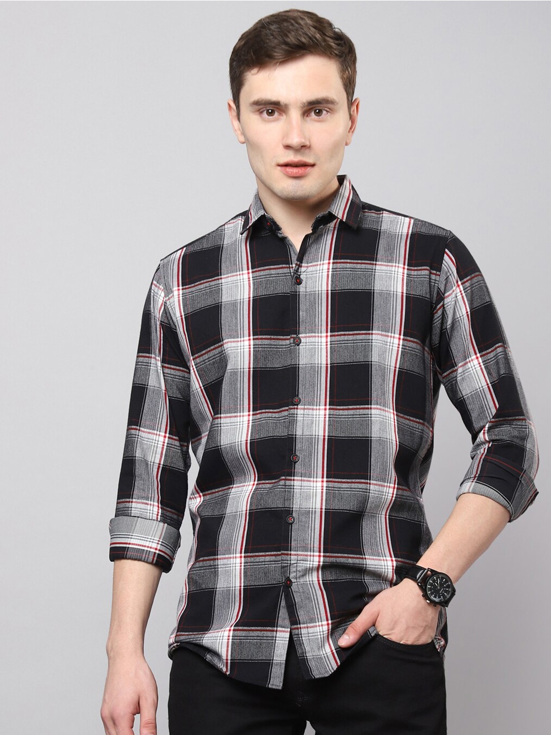 

Hatcher's Slim Fit Tartan Checks Corduroy Casual Shirt, Black