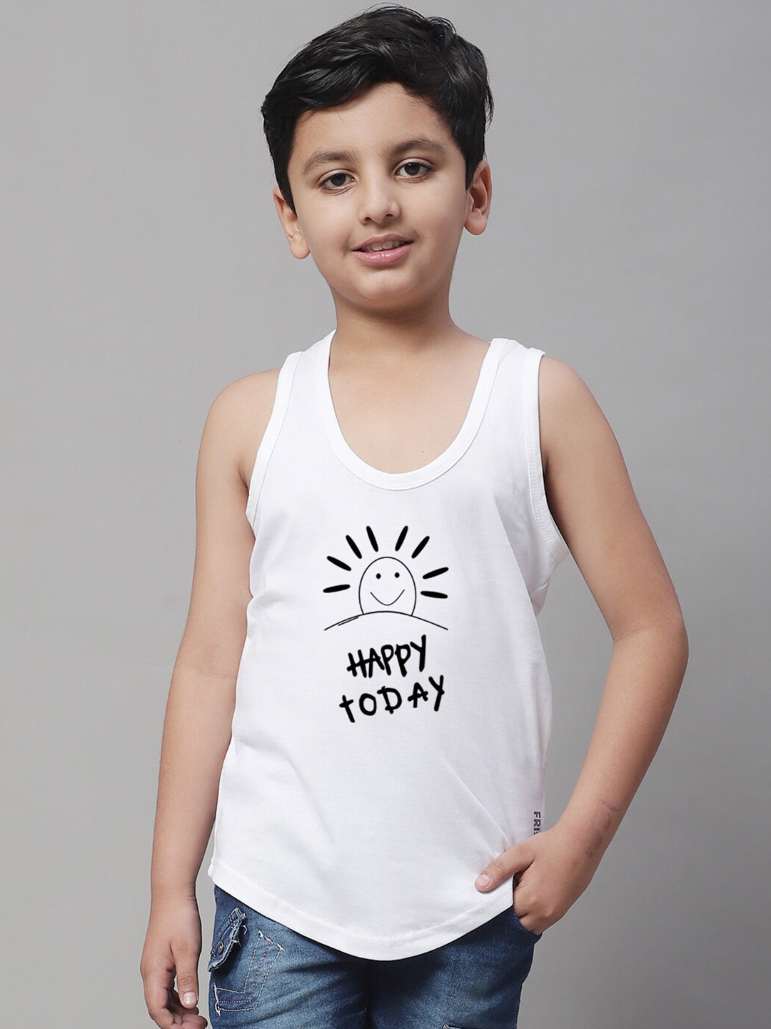 

Friskers Boys Graphic Printed Pure Cotton Gym Vest, White